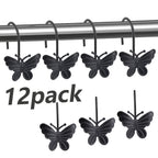 Butterfly Shower Curtain Hooks 12 Pack Decorative Metal Rings – Smooth Glide, Elegant Animal Design, Silvery, Golden & Black – Spring Bathroom Decor Curtain Rings