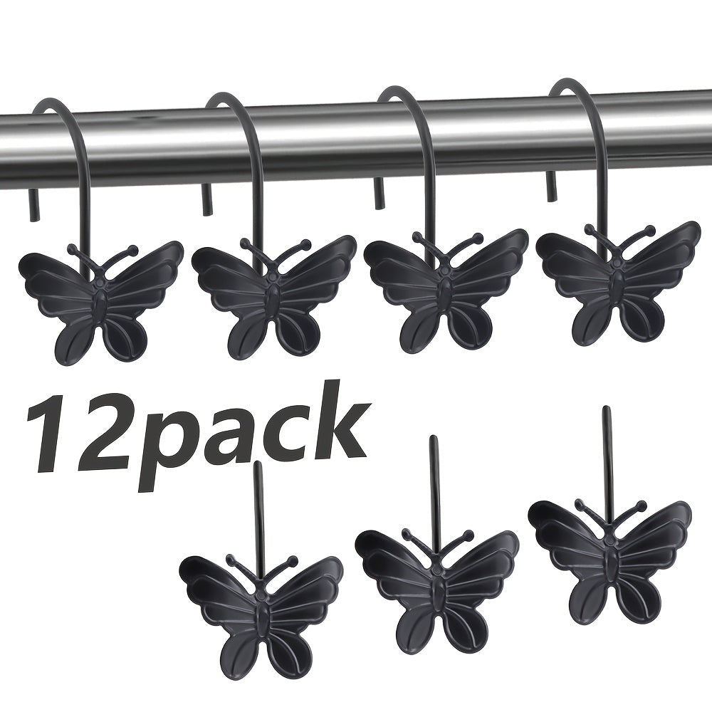 Butterfly Shower Curtain Hooks 12 Pack Decorative Metal Rings – Smooth Glide, Elegant Animal Design, Silvery, Golden & Black – Spring Bathroom Decor Curtain Rings