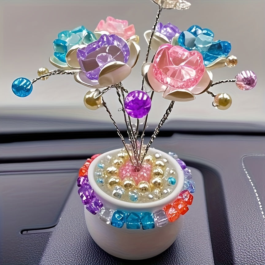 Crystal Simulation Flower Decoration Set of 2 - Handmade Faux Crystal Flowers for Car Center Console Home Decor and Desk - Elegant Gift for Mothers Day Birthday and Valentines Day Holiday Parties