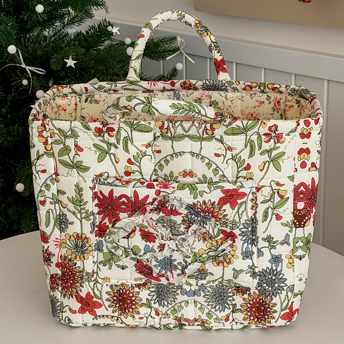 Large Floral Quilted Storage Basket – Vintage Portable Large-Capacity Shelf Basket for Home, 5 Floral Designs (Peony, Marigold, Strawberry)