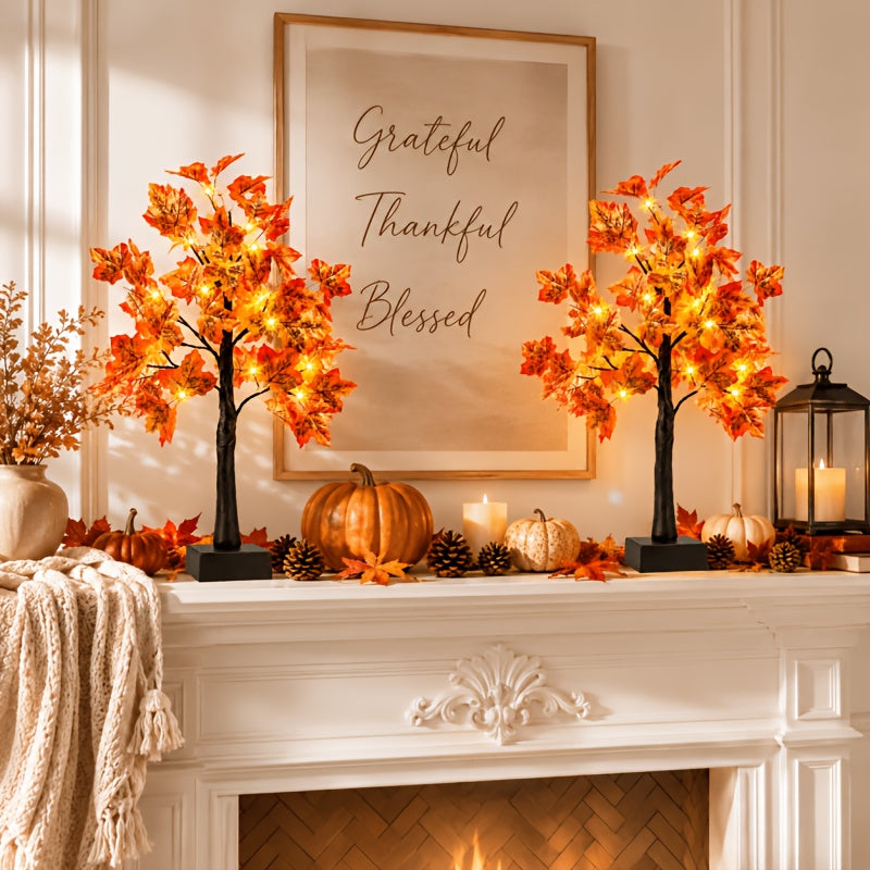 Fall Maple Leaf Tree Table Lamps 2-Pack 21 Inch Battery Powered 24 LED Warm Light Artificial Autumn Tree Lights for Thanksgiving Halloween Indoor Home Decor