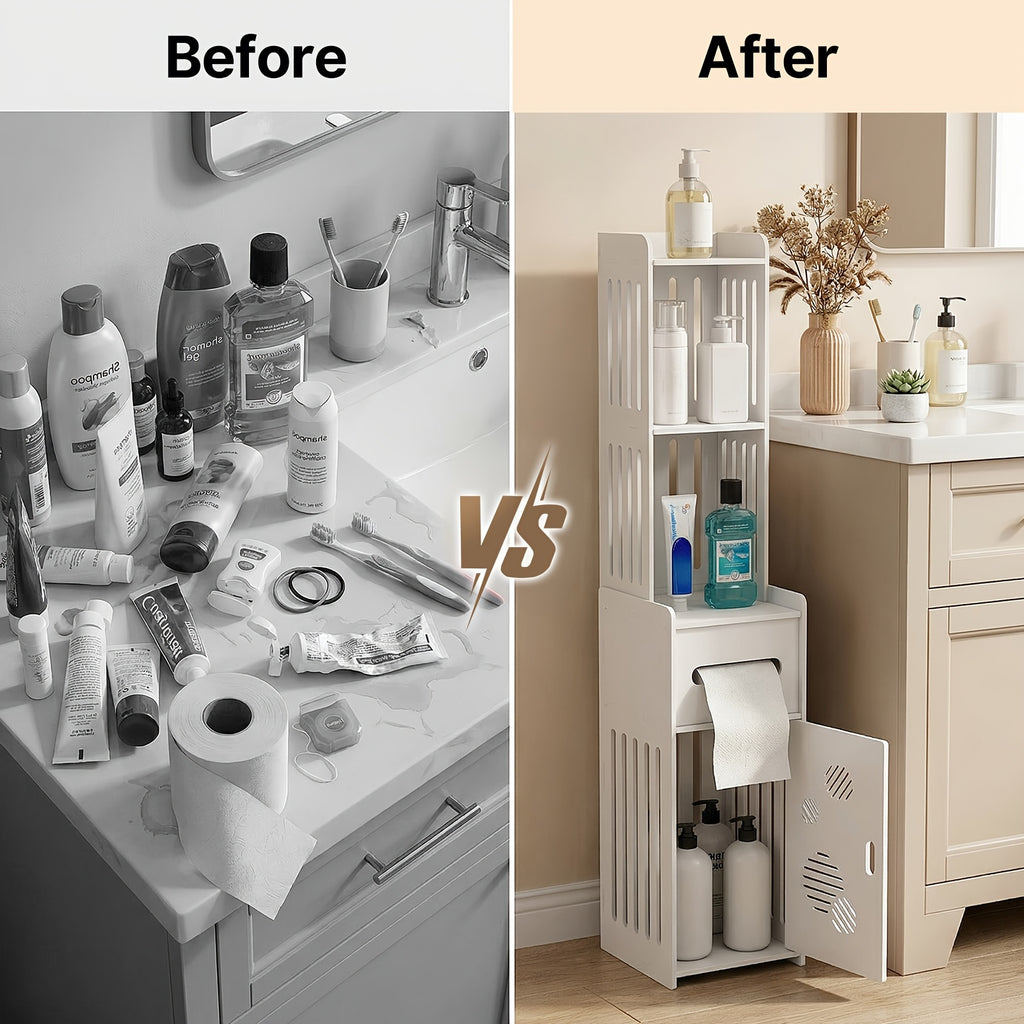Large Capacity Bathroom Organizer Storage Cabinet with Toilet Paper Holder – Waterproof Dustproof Wall-Mount Bathroom Storage for Kitchen Bedroom Living Room Dining Room, Easy to Install
