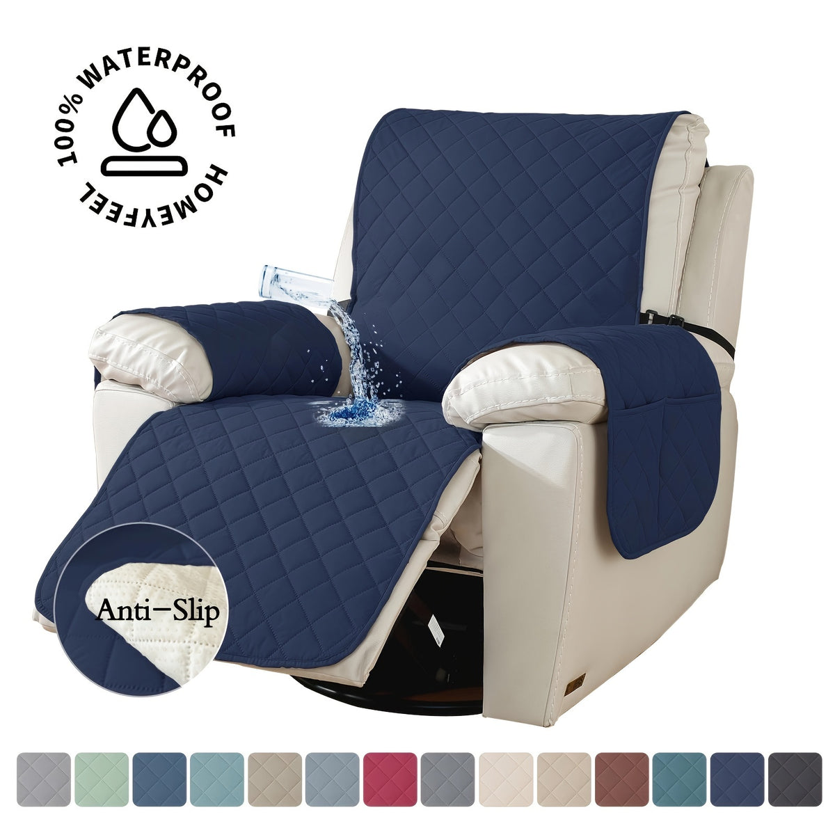Recliner Chair Cover Waterproof Non-Slip, Oversized Recliner Slipcover with Side Pocket & Elastic Straps, Washable Furniture Protector for Dogs & Pets, Warm Cozy Chair Cover, 1 Piece