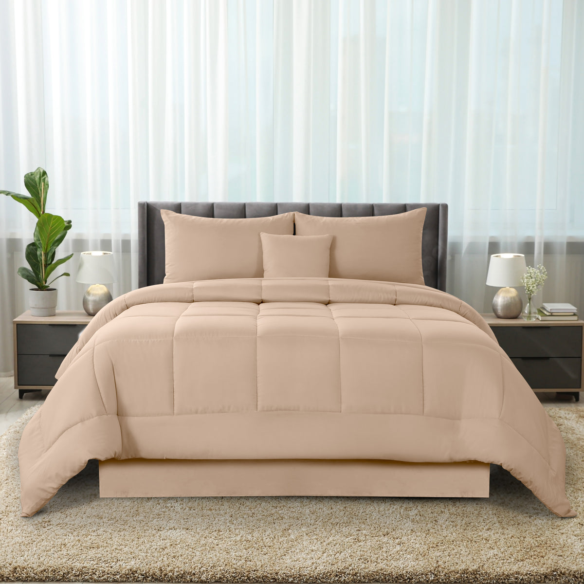5-Piece Comforter Set – Reversible Quilted Down Alternative Bedding Set with Pillow Shams, Bed Skirt & Cushion | All Season | Twin, Queen, King