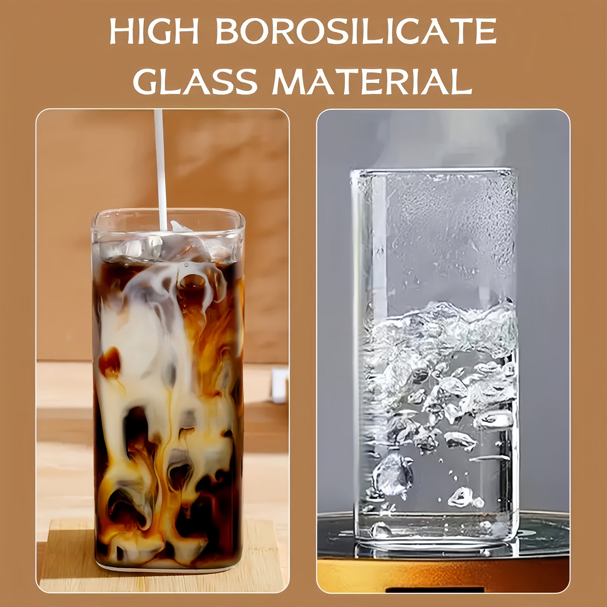 Square Glass Cups with Lids and Straws Set of 6 | Portable Iced Coffee Cups for Office Party Home School Outdoor