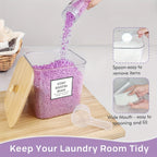 Laundry Storage Containers 4 Pack with Wooden Lids & Labels – Large Clear Rectangular Organizer Bins for Detergent Pods, Scent Boosters & Laundry Powder, Durable Plastic Laundry Room Organization