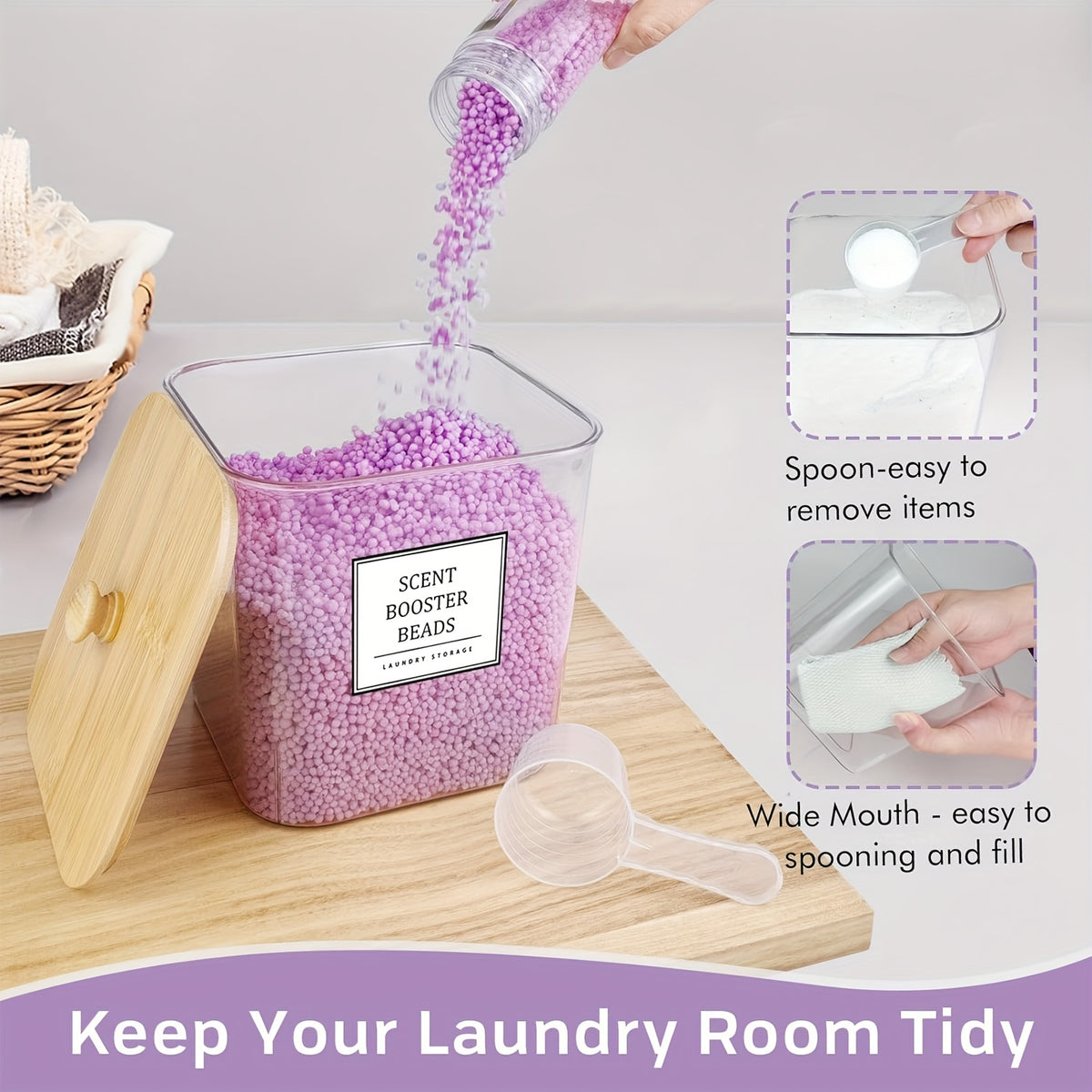 Laundry Storage Containers 4 Pack with Wooden Lids & Labels – Large Clear Rectangular Organizer Bins for Detergent Pods, Scent Boosters & Laundry Powder, Durable Plastic Laundry Room Organization