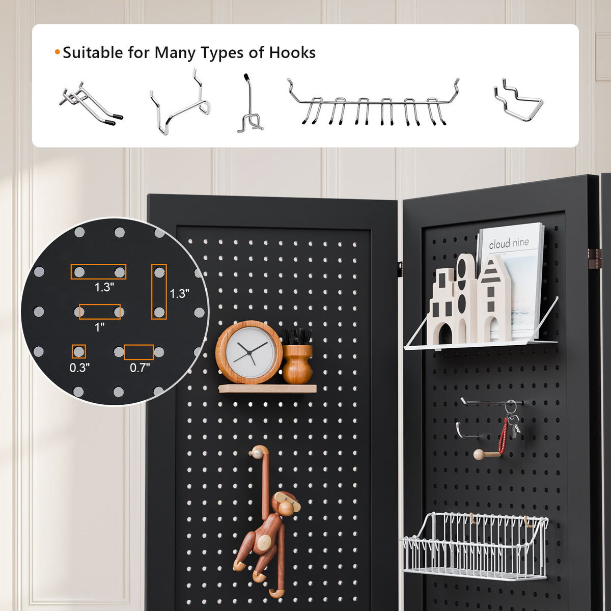 5 FT Freestanding Pegboard Room Divider | Wood Folding Privacy Screen & Display Board Organizer with Support Feet – White, Black, Natural, Grey | Craft Shows, Retail & Home