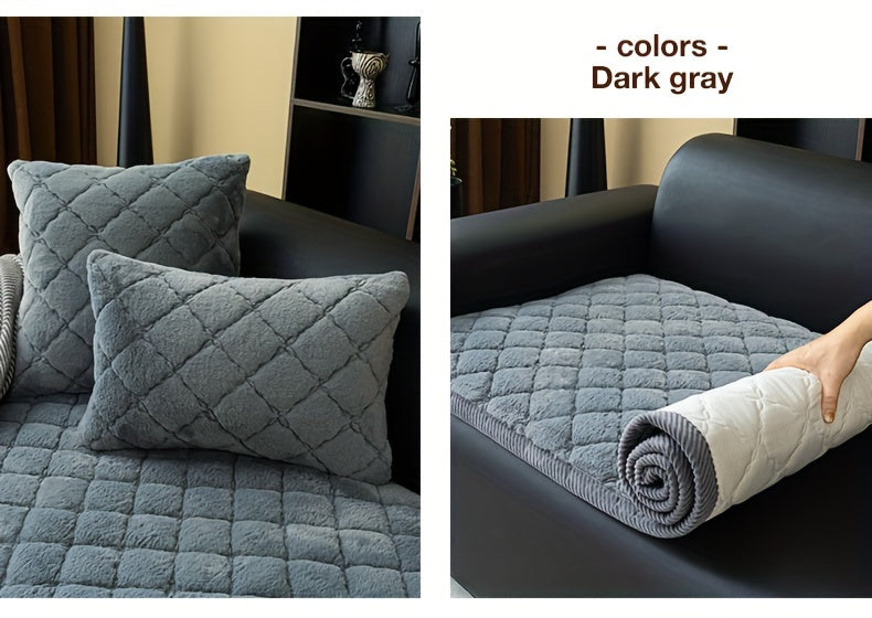 Thickened Faux Rabbit Fur Sofa Cover or Cushion Cover 2-in-1 Non-Slip Machine Washable Pet-Friendly Warm Plush Seat Pad for Bedroom Office Living Room Home Decor
