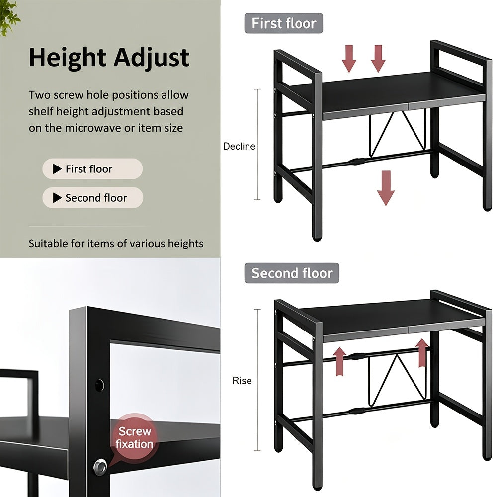 Microwave Oven Rack Expandable Countertop Shelf – Heavy Duty Carbon Steel Stand with 6 Hooks, Adjustable Height & Width, Dust Cover Included