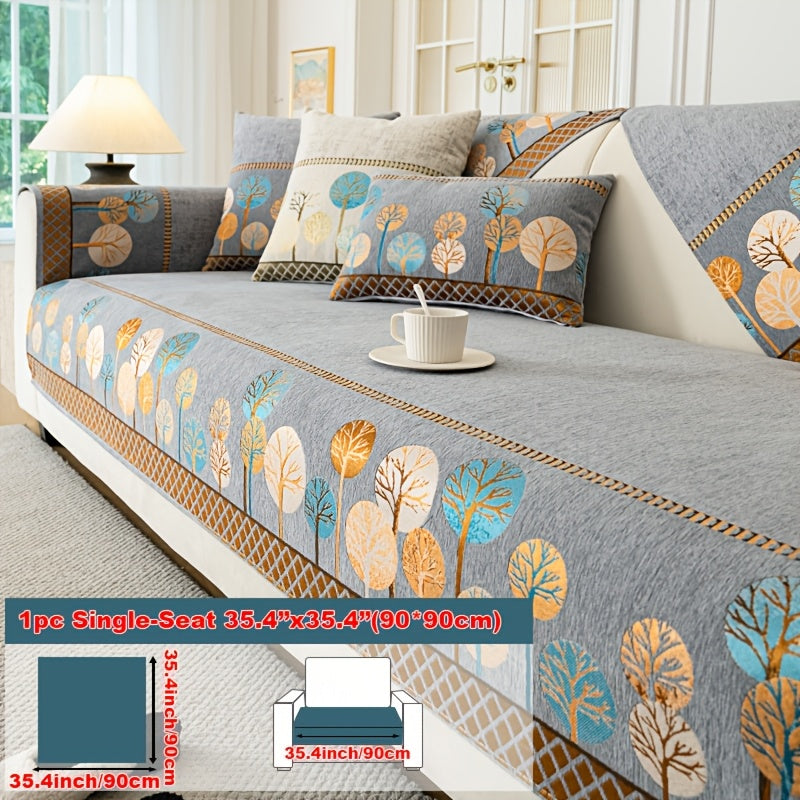 Bohemian Embroidered Sofa Cushion Cover Geometric Tree Leaf Design Pet Friendly Elegant Blue Gold for Living Room Bedroom Office All Sofa Sizes