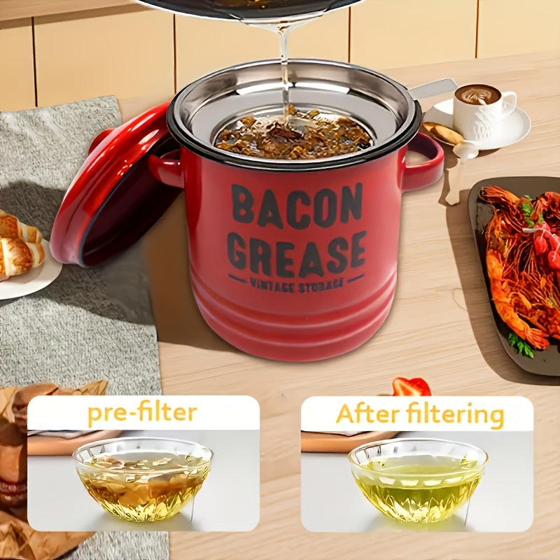 Enamel Bacon Grease Container with Stainless Steel Filter & Spoon - Rustic Kitchen Fat Storage Jar, Dishwasher Safe, Ideal for Halloween Thanksgiving Christmas, Red Blue White