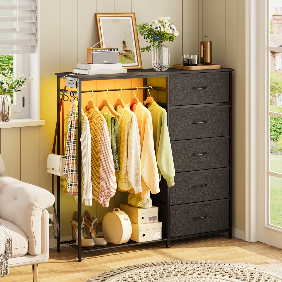 Fabric Dresser with Clothes Rack & Drawer Tower – 4 or 5 Drawers, Sturdy Frame, Optional LED Lighting & USB Charging Station for Bedroom