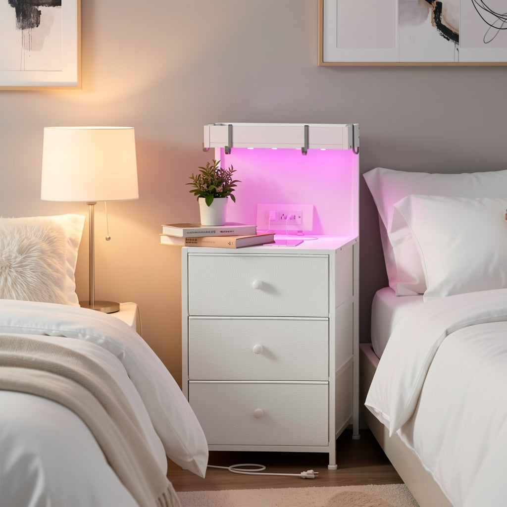 Tall Nightstand with Charging Station & LED Lights – 3 Drawers, Shelves, USB Ports, Outlets & 4 Hooks | Bedside Table for Bedroom