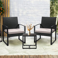 Rattan Bistro Set 3 Piece Outdoor Patio Furniture with 2 Chairs & Glass Top Table, Plush Cushions Conversation Set for Backyard, Balcony and Garden, Black Rattan Frame