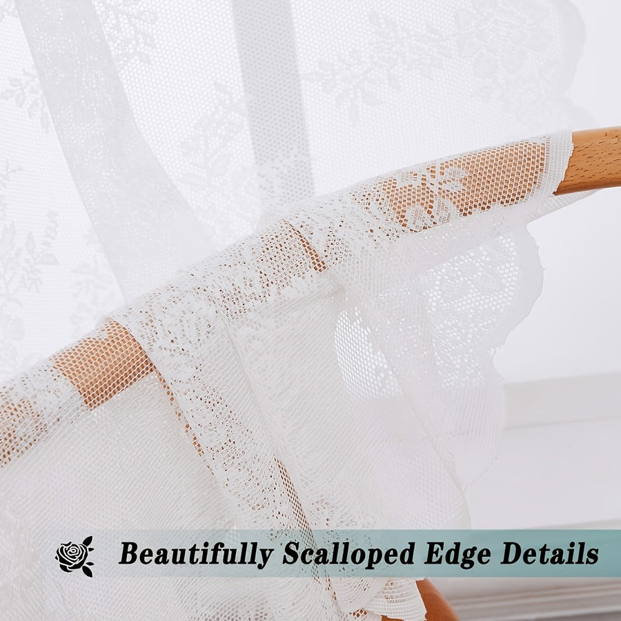 Vintage Lace Door Curtain with Wave Edge – Semi-Sheer Floral Embroidered Rod Pocket Panel for Home, Hallway & Outdoor | White, Black & Green