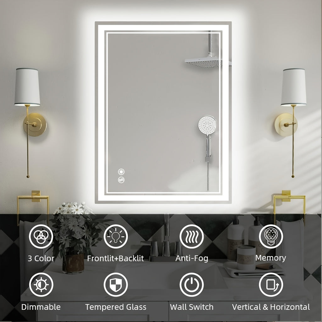 LED Bathroom Mirror with Anti-Fog, Dimmable 3-Color Lights & Stepless Brightness – Wall Mounted Vanity Mirror 24x36, 28x48, 32x40 Inch