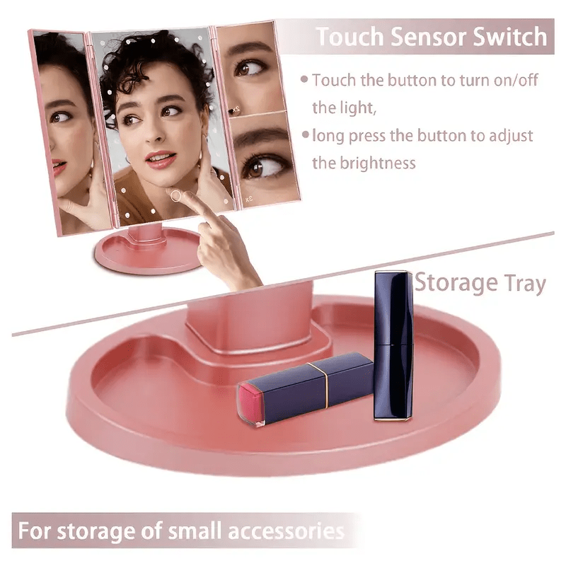 LED Vanity Makeup Mirror Tri-Fold Touch Screen, 1X 2X 3X 10X Magnification, Adjustable Base, USB Powered Lighted Mirror for Desk & Travel – White, Black & Rose Gold