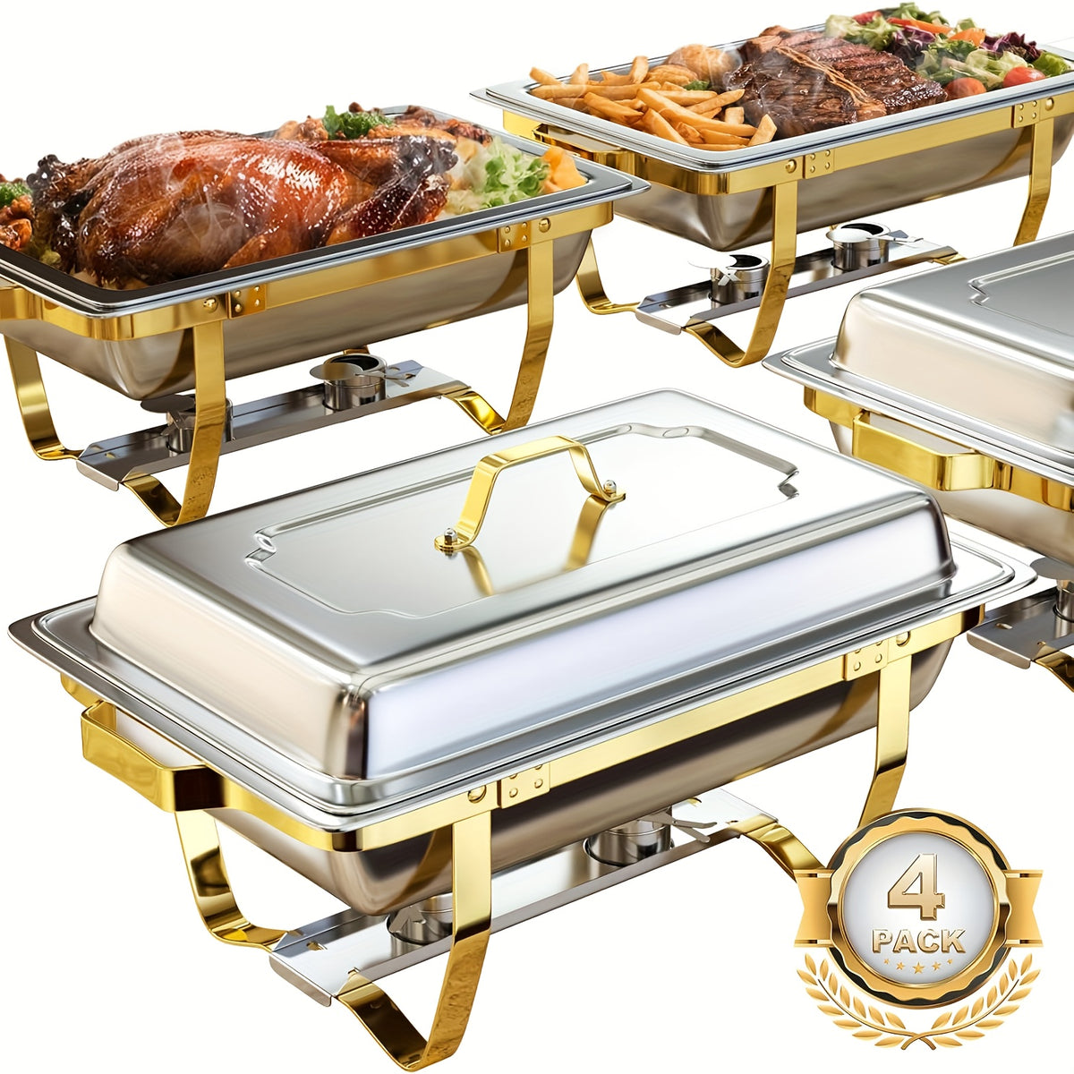 Golden Chafing Dish Buffet Set 9QT Stainless Steel Chafer with Full-Size Pans – Elegant Gold & Silver Finish Food Warmer for Weddings, Parties, Banquets & Catering Events (2 or 4 Pack)