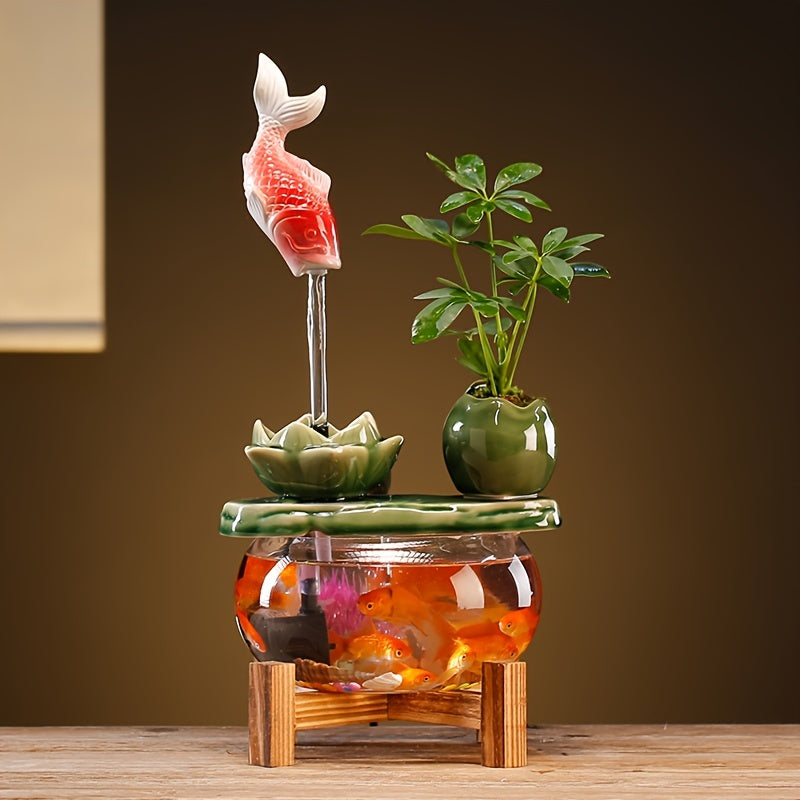 USB Powered Glass & Ceramic Fish Waterfall Desktop Fountain – Hanging Goldfish Design, Decorative Water Feature with Glass Fish & Plants for Living Room, Office & Zen Decor, Unique Gift