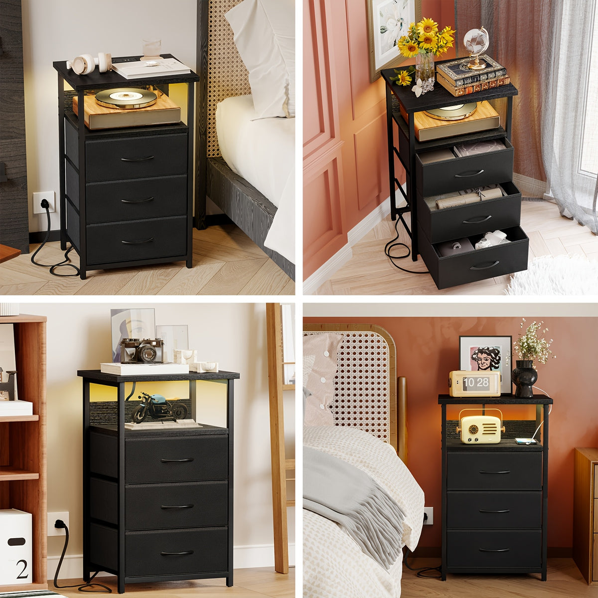 USB Charging Nightstand with 3 Drawers and Storage Shelf Side End Table Heavy Duty Night Stand for Bedroom Dorm Small Spaces USB Port and Power Outlet