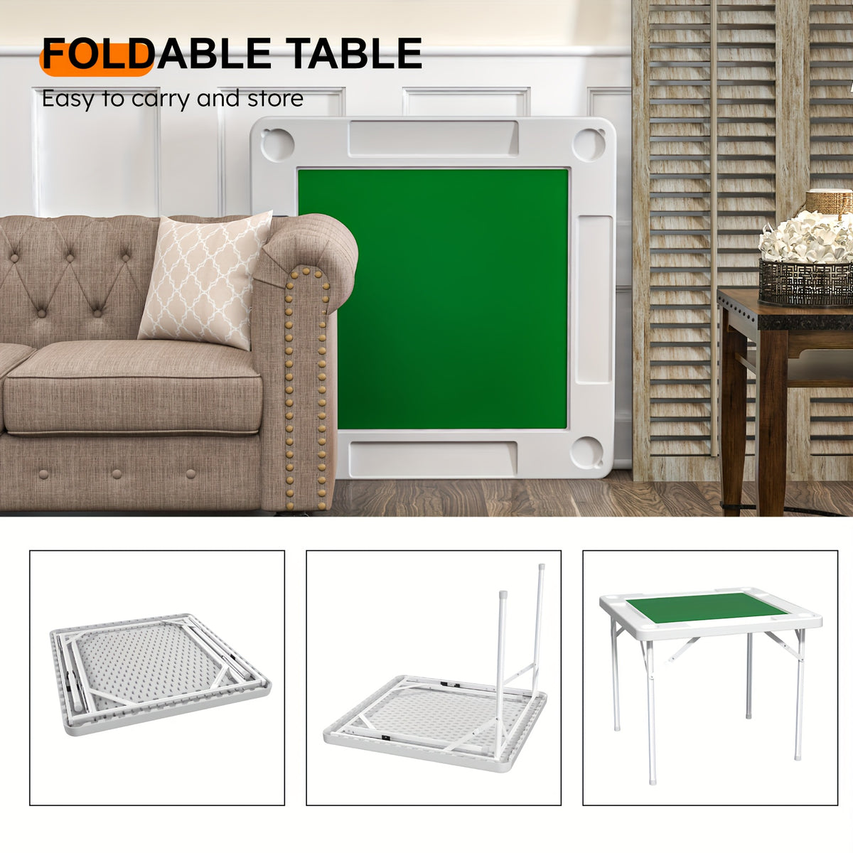 Folding Card Table with Green Felt – Mahjong Table for Poker Dominoes and Card Games in Black or White