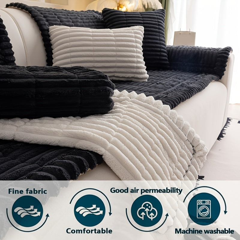 Boho Plush Sofa Cover with Ruffled Edges – Thick Warm Pet-Friendly Couch Protector, Bohemian Style Home Decoration Slipcover for Living Room Sofa Couch Furniture