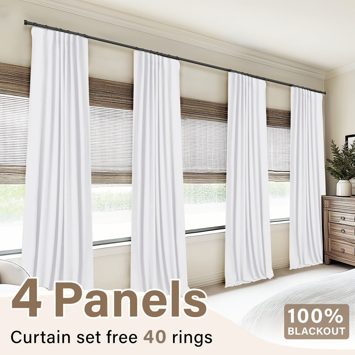100% Blackout Faux Linen Curtains 4 Panels - Thermal Insulated Drapes with Clip Rings or Rod Pocket, Extra Wide 50" Panels for Bedroom Living Room, 10 Colors 4 Lengths