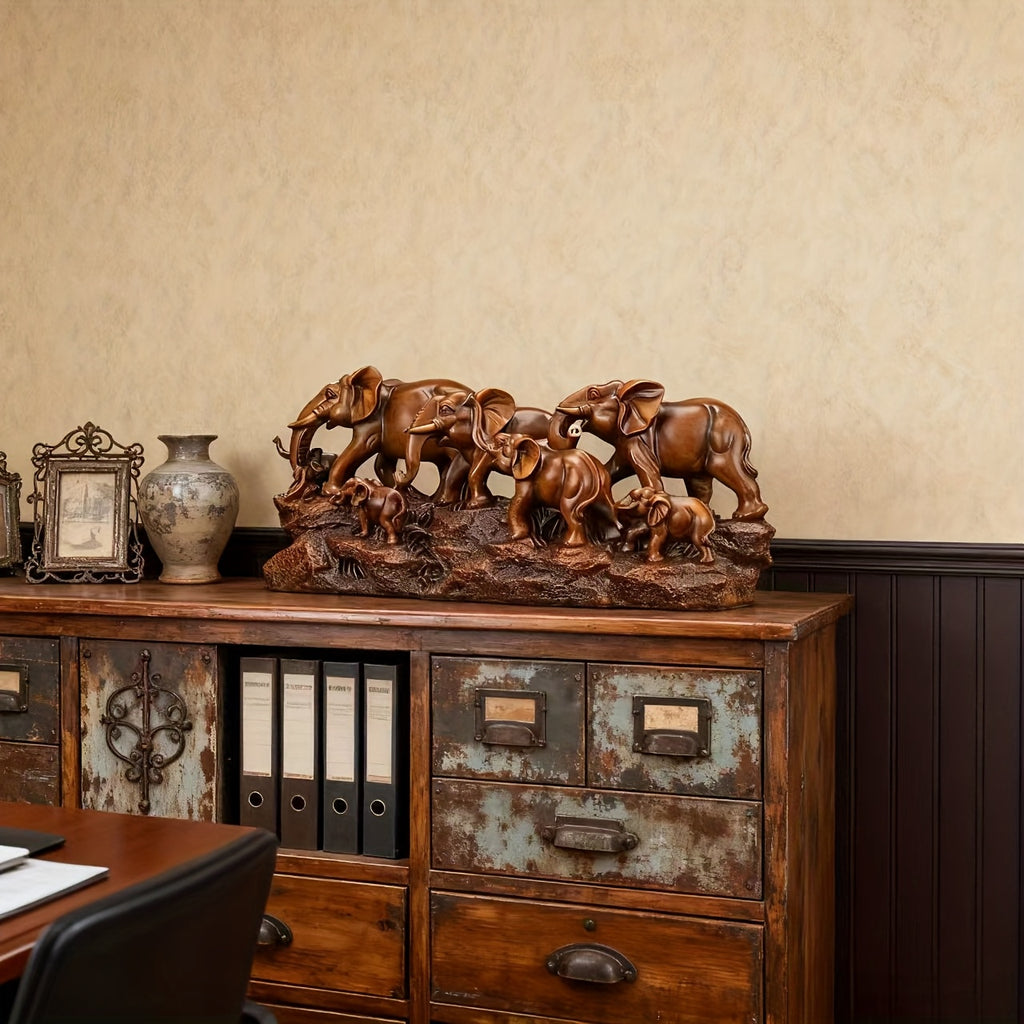 Elephant Family Figurine Resin Lucky Feng Shui Statue – Wood Grain Style Home Decor for Living Room Office Shelf, Housewarming Gift