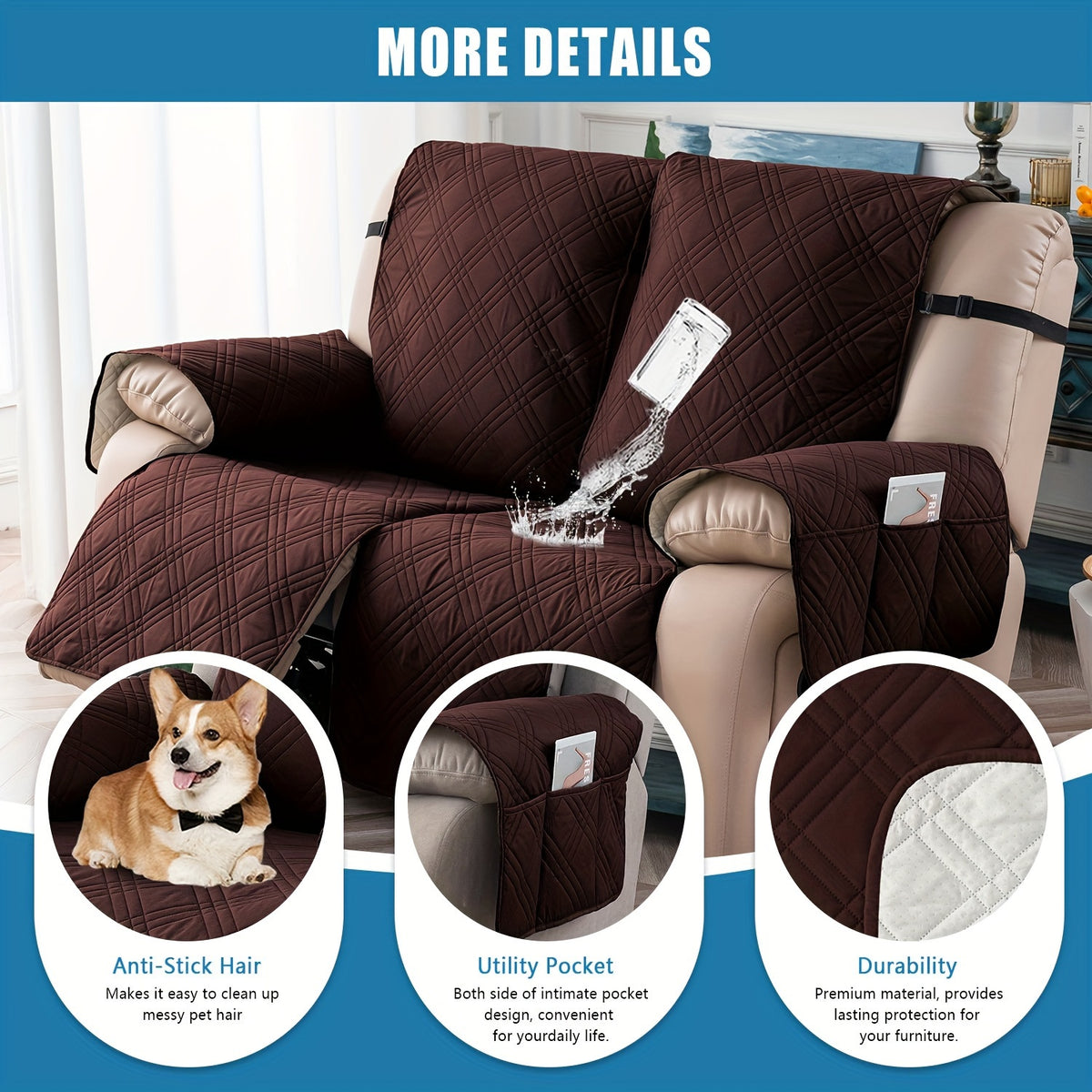 Waterproof Split Recliner Loveseat Cover 2 Piece Set Non-Slip Elastic Strap Washable Reclining Sofa Slipcover Furniture Protector for Moving Parts Contemporary Style