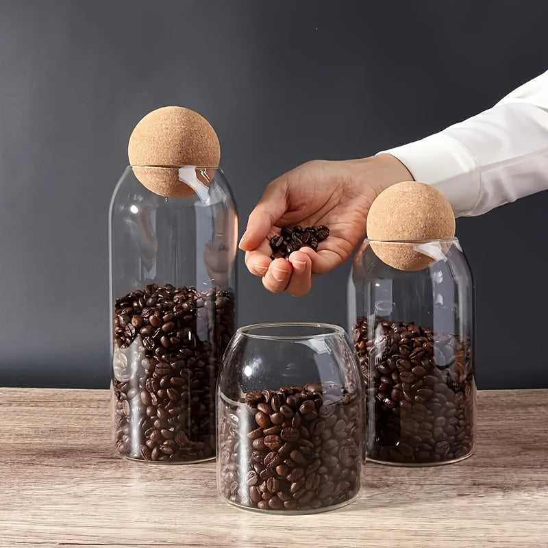 Glass Storage Jars Set of 3 Large Airtight Pantry Jars with Cork Ball Lid & Spoon – Transparent Sealed Canisters for Coffee Beans, Tea, Sugar, Spices & Candy