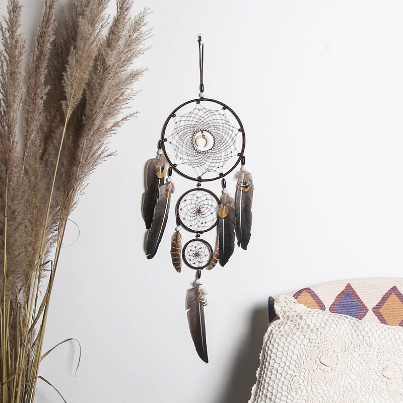 Handmade Feather Rattan Wind Chime Wall Hanging Boho Eclectic Bedroom Decor Dream Catcher Festival Gift Brown Rainbow