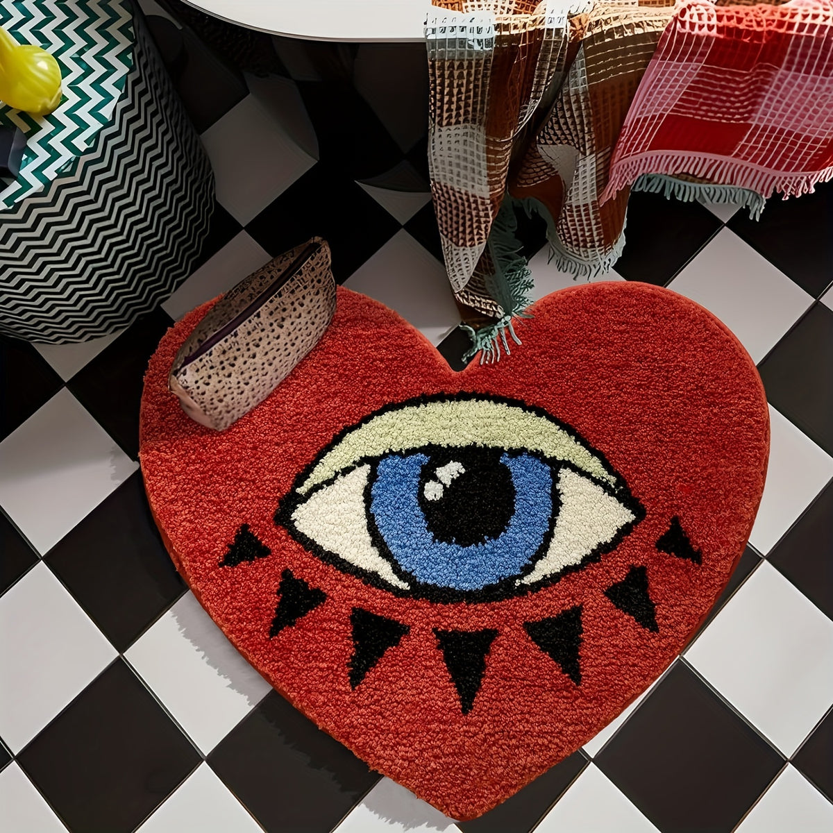 Heart Shaped Plush Bathroom Mat with Eye Pattern - Non-Slip Absorbent Irregular Bath Rug, 20.47" x 24.4", Decorative Bathtub Foot Pad for Valentine's Day, Bedroom & Home Decor