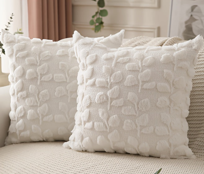 Eucalyptus Leaf Faux Plush Jacquard Pillow Covers Set of 2, 18x18 Inch Boho Cottage Quilted Cushion Cover with Zipper, Machine Washable, White & Khaki, Bedroom Sofa Home Decor