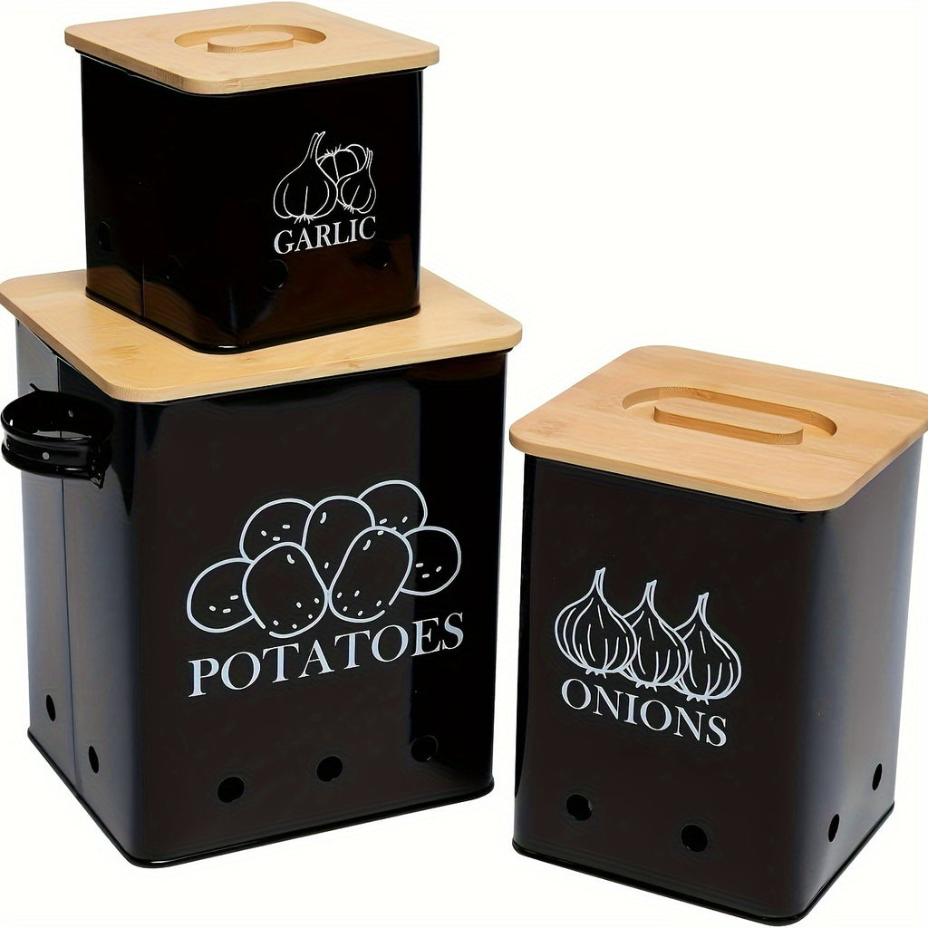 Kitchen Canister Set 3-Pack - Potato Onion Garlic Storage Bins with Wooden Lid, Countertop Vegetable Keeper Containers for Kitchen Organization, Black White & Green