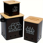Kitchen Canister Set 3-Pack - Potato Onion Garlic Storage Bins with Wooden Lid, Countertop Vegetable Keeper Containers for Kitchen Organization, Black White & Green