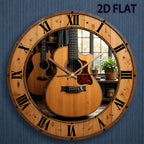 Music Themed Silent Wall Clock 12 Inch – Acoustic Guitar & Roman Numerals Dark Brown Wood Face | Battery-Powered Quartz Non-Ticking Clock for Living Room, Home Studio & Office | Unique Gift for Musicians