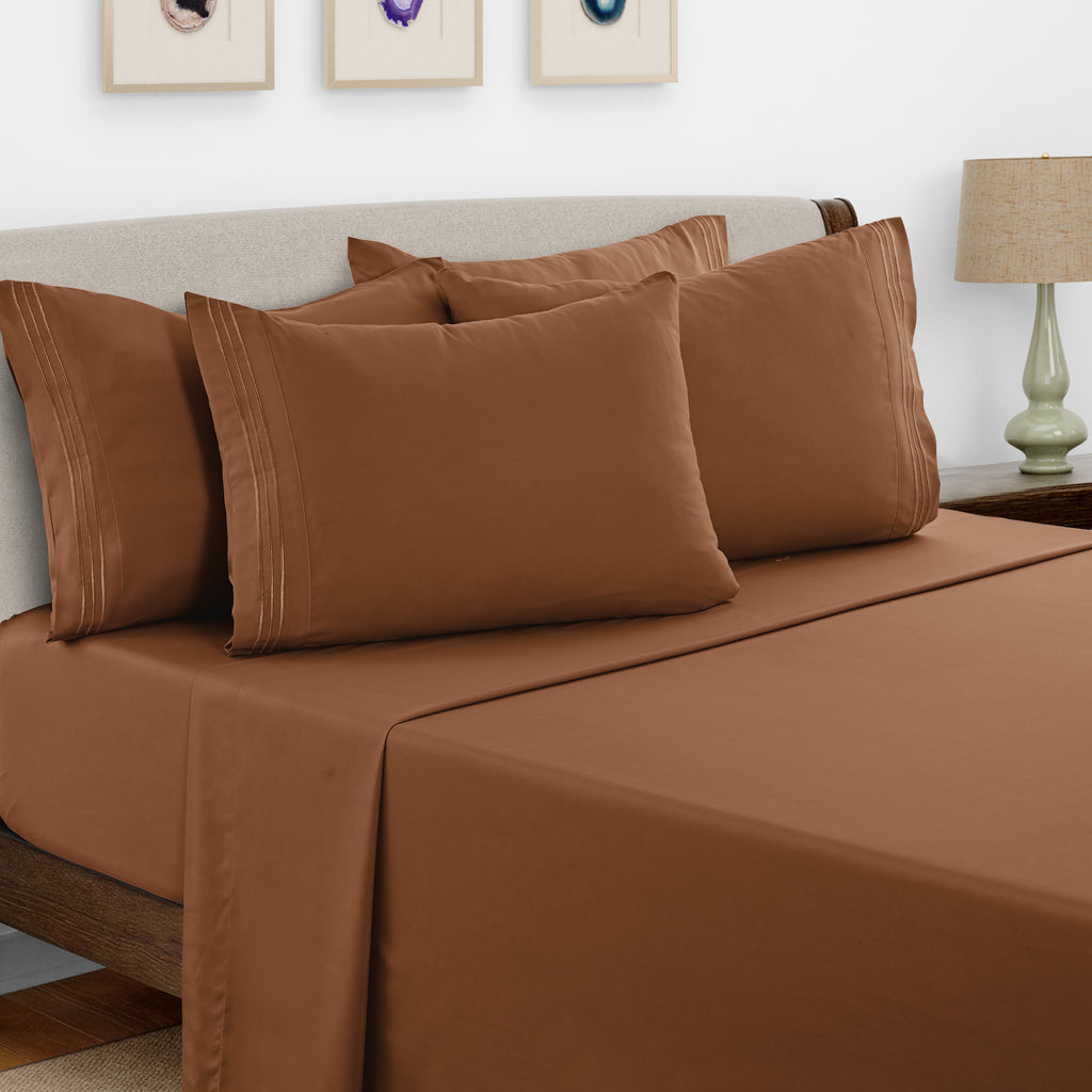 Brushed Microfiber Bed Sheet Set 6 Piece with Embroidered Pillowcases - Hotel Luxury Deep Pocket 16 Inch, Soft Breathable All Season, 24 Colors, Twin Twin XL Full Queen King Cal King