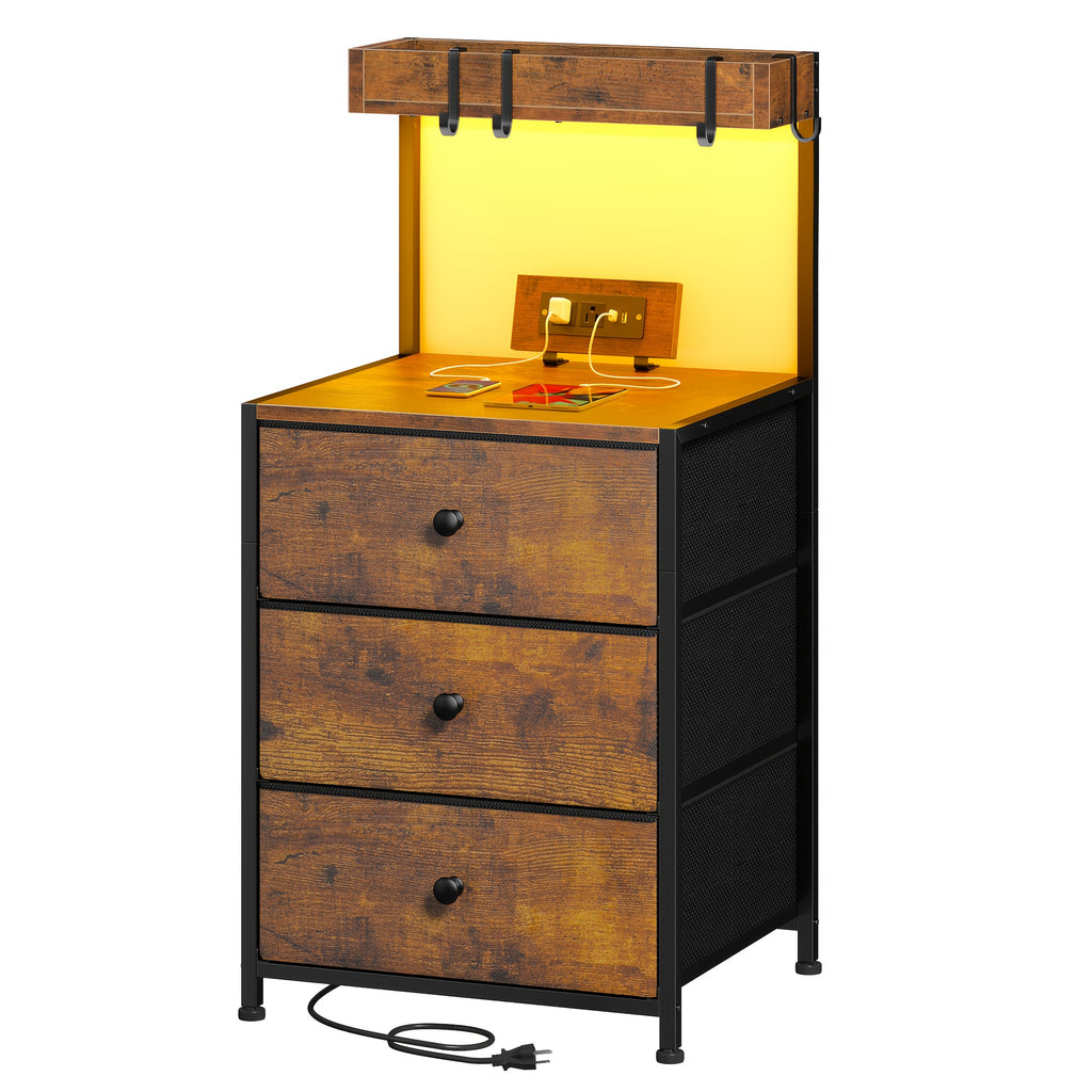 Tall Nightstand with Charging Station LED Lights 3 Fabric Drawers Shelves USB Ports Outlets Oversized Tabletop 4 Hooks Bedside Table for Bedroom Storage