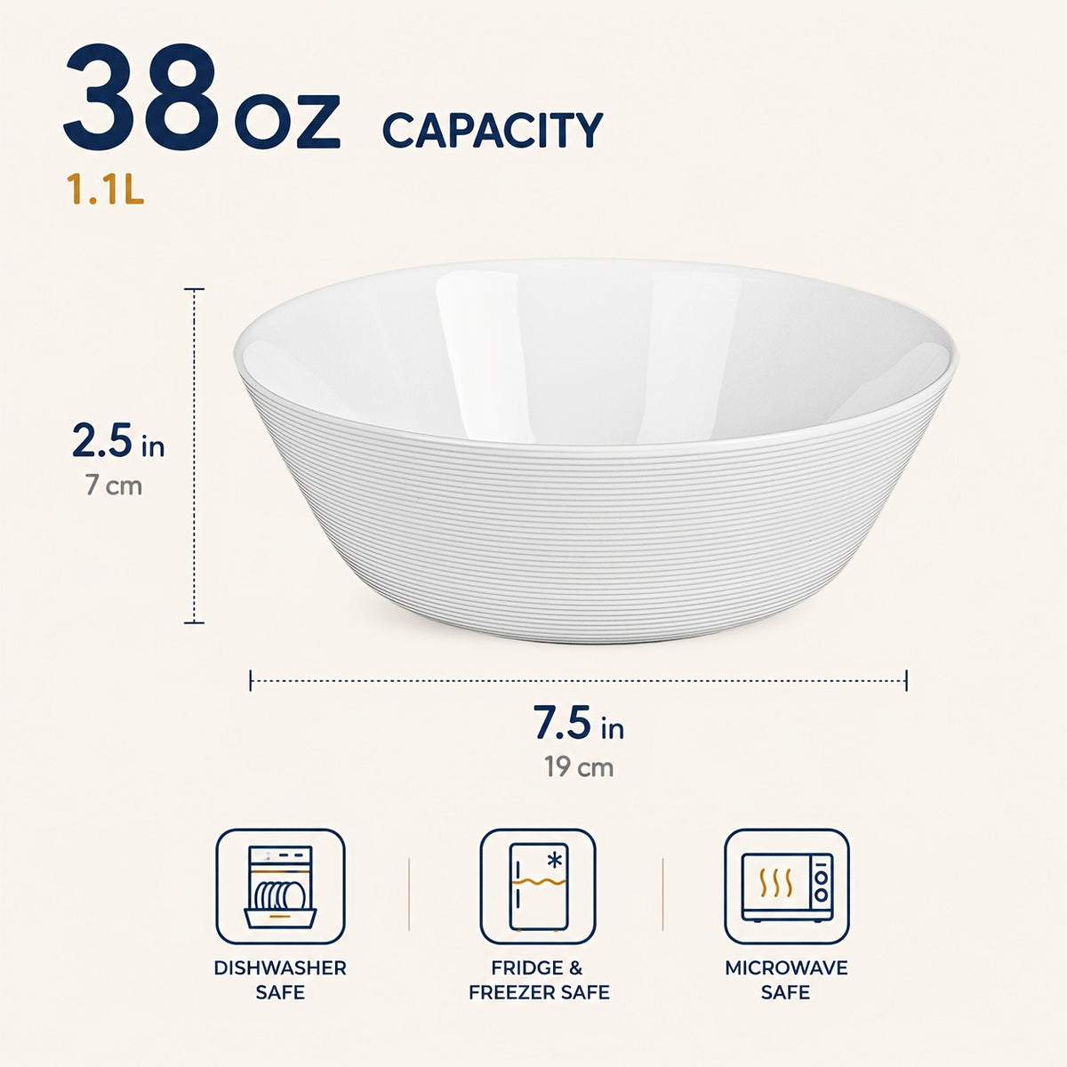 Large Opal Glass Soup Bowls Set of 4 – 38oz 7.5 Inch White Ramen Noodle Salad Bowls, Anti-Slip Anti-Scald, Dishwasher, Microwave & Refrigerator Safe