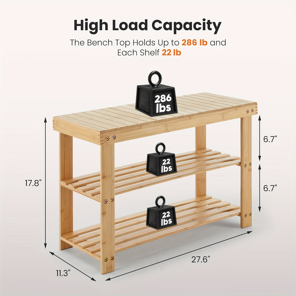 3-Tier Bamboo Shoe Rack Bench with 286 lbs Capacity – Compact Entryway Shoe Storage Organizer for Bedroom Living Room Balcony Mudroom, Brown & Black