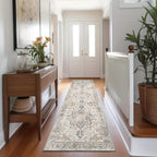 Vintage Floral Area Rug Machine Washable Non-Slip Runner Rug – Low Pile Soft Boho Hallway Carpet for Entryway, Kitchen, Corridor & Living Room – Light Taupe Brown, Multiple Sizes