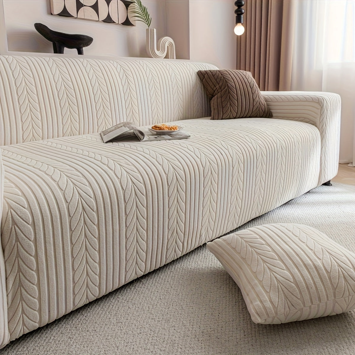 Striped Sofa Cover Washable Stretchy Slip-Resistant Zigzag Textured Couch Slipcover – Fits 1 to 4 Seaters, Scratch Protection, Classic Durable Design for Living Room Furniture