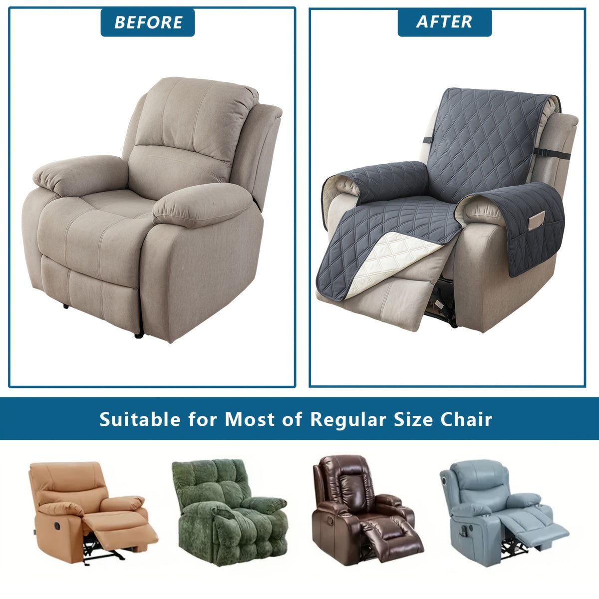 Quilted Recliner Sofa Cover Anti-Slip Wear-Resistant 4-Layer Fabric Dual Side Pockets Machine Washable Pet Home Bedroom Living Room 10 Colors 2 Sizes