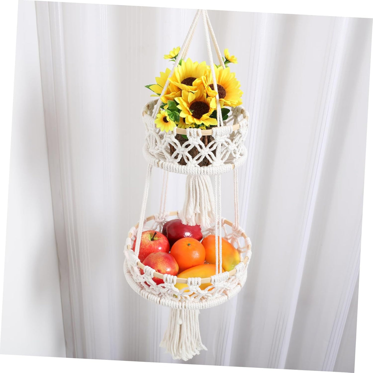 Macrame Hanging Fruit Basket 1/2/3-Tier Boho Wall Storage – Bohemian Hanging Basket for Fruits, Vegetables & Indoor Plants, Kitchen & Home Decor