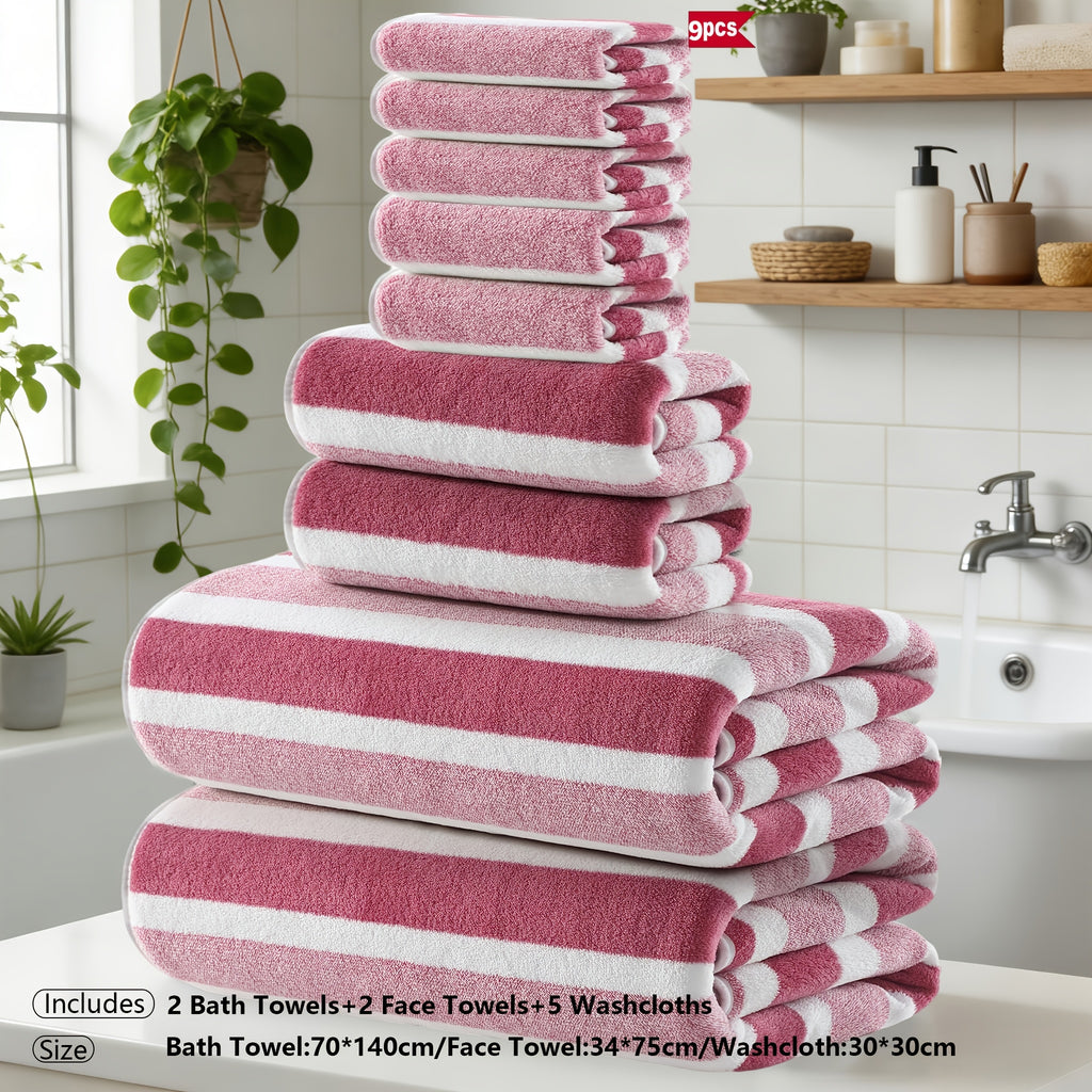 Classic Striped Bath Towel Set – 9 or 15 Piece No-Hair-Loss Super Absorbent Two-Color Towel Bundle | Large Bath Towels, Face Towels & Hand Towels for Bathroom & Beach