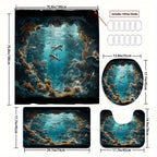 4pcs Shark Ocean Bathroom Set Shower Curtain 71x71 Inch Toilet Lid Cover U-Shape Mat - Underwater Cave Beach Theme Bath Decor for Kids Adults | Nuvia Haven