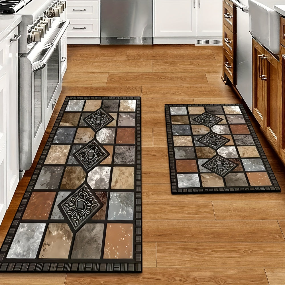Vintage Plaid Kitchen Mat Set 2 Piece Brown Absorbent Non-Slip Fast Drying Machine Washable Floor Mats for Bathroom Kitchen Hallway Laundry Room