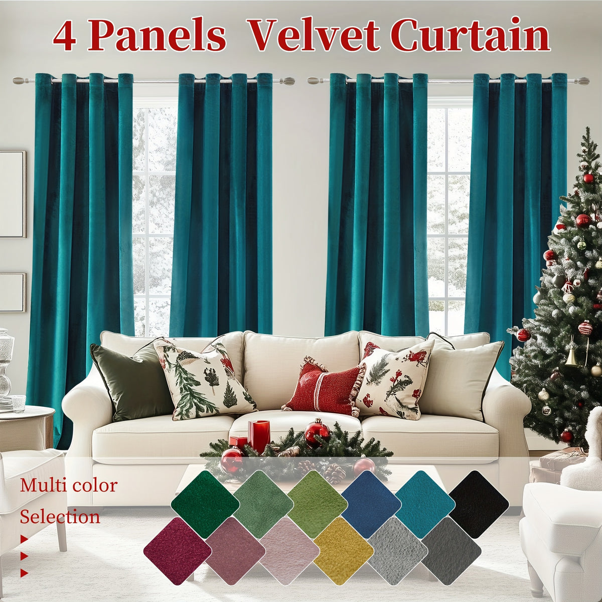 Blackout Velvet Curtains 4 Panels - Thermal Insulated Grommet Drapes, Noise Reducing Soft Window Curtains for Living Room Bedroom, Multiple Sizes & Colors