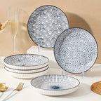 4-Piece Japanese Style Ceramic Plate Set 7 Inch Deep Round Serving Plates Nordic Floral Underglaze Non-Slip Edge for Steak Salad Home Kitchen